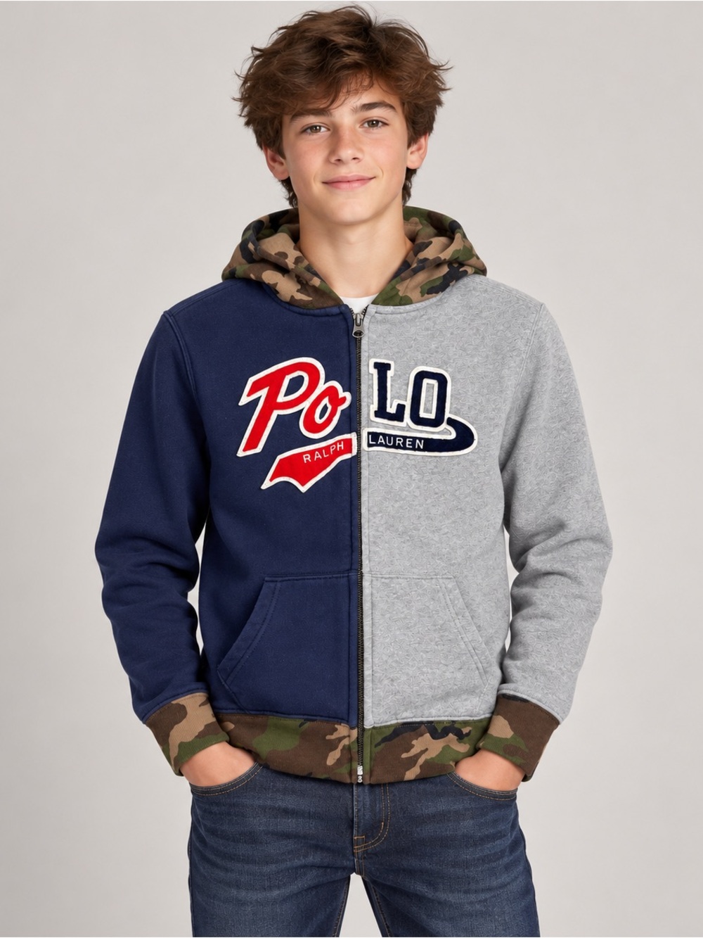 Polo Ralph Lauren Boys Full Zip Hoodie L 14-16 Camo Colorblock Logo